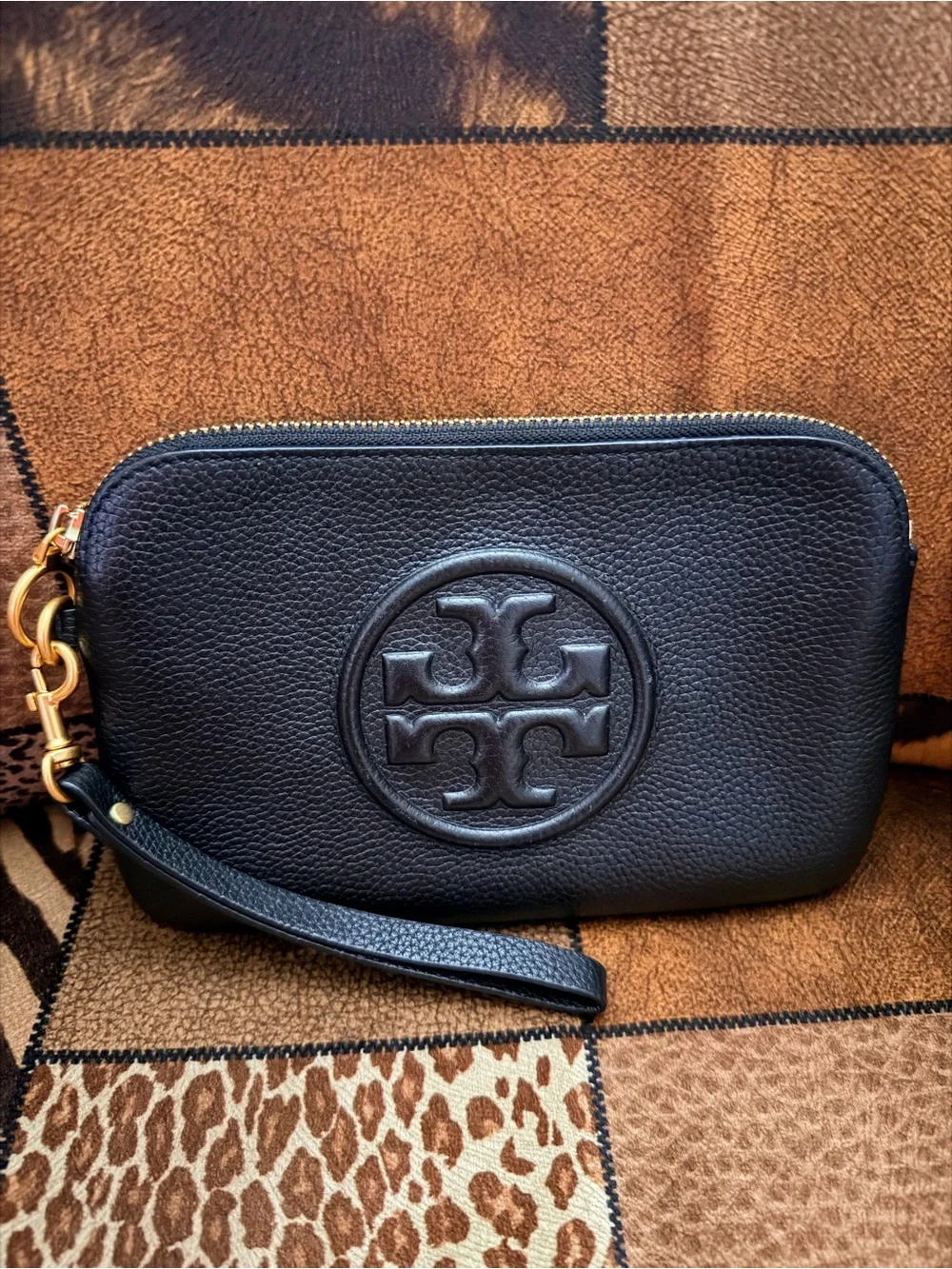 Tory Burch Black Miller Pebbled Leather Wristlet with Logo
